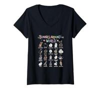 Women's Bunnies Around The World Rabbit Breeds Chart Pet Animal V-Neck T-Shirt
