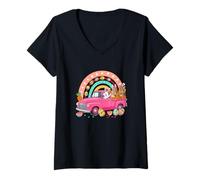 Women's Bunny Couple Tigers On Pickup Truck Easter Eggs Rainbow V-Neck T-Shirt