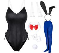 Womens Bunny Girl Suit Anime Role Costume Senpai Cosplay Bodysuit One Piece Stockings Set(Black+Red Plus Size 4XL