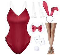 Womens Bunny Girl Suit Anime Role Costume Senpai Cosplay Bodysuit One Piece Stockings Set(Red Plus Size 5XL