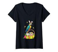 Women's Bunny Macaw Leopard Bow Tie Hunting Eggs Basket Coffee V-Neck T-Shirt