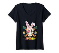 Women's Bunny Pirate Skull Bow Tie Easter Hunting Chocolate Eggs V-Neck T-Shirt