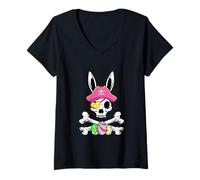 Women's Bunny Pirate Skull Easter Chocolate Eggs Costume Women Girls V-Neck T-Shirt