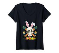 Women's Bunny Pirate Skull Easter Hunting Colorful Chocolate Eggs V-Neck T-Shirt