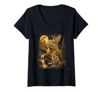 Women's Bunny Rabbit Howling At The Moon Night Starry Sky Mountain V-Neck T-Shirt