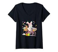 Women's Bunny Riding Bicycle Easter Cyclist Hunting Colorful Eggs V-Neck T-Shirt