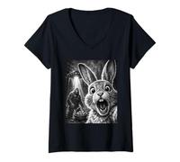 Women's Bunny Selfie Bigfoot UFO Easter Day Rabbit Funny Sasquatch V-Neck T-Shirt