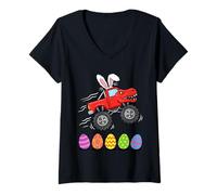 Women's Bunny T-Rex Monster Truck Jumping Easter Eggs Toddler Kid V-Neck T-Shirt