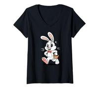 Women's Bunny with Basket & Bow Tie Cute Easter Rabbit V-Neck T-Shirt