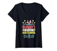 Women's Bunny's Favorite Bartender Easter Job Team Hunting Eggs V-Neck T-Shirt