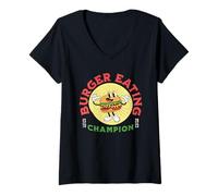 Womens Burger Eating Champion Funny Hamburger Working Out Retro V-Neck T-Shirt