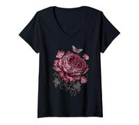 Women's Burgundy Gothic Rose Moth Moody Garden Botanical Design V-Neck T-Shirt