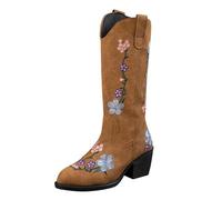 Women's Burgundy Leather Cowboy Boots with Floral Embroidery Western Style Block Heel Pointed Toe Boots Plus Size Trendy Autumn and Winter Boots, Yellow, 6 UK