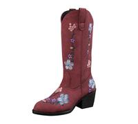Women's Burgundy Leather Cowboy Boots with Floral Embroidery Western Style Block Heel Pointed Toe Boots Plus Size Trendy Autumn and Winter Boots, Red, 6 UK