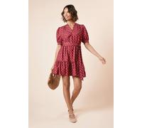 Womens Burgundy Spot Printed Overhead Belted Puff Sleeve Mini Dress Floral 14