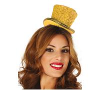 Womens Burlesque Dancer Fancy Dress Gold Glitter Sparkle Showgirl Mini Top Hat