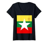Womens Burma Flag Burmese Heart Proud Heritage National Day V-Neck T-Shirt