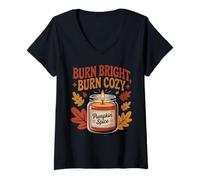 Womens Burn Bright Burn Cozy Pumpkin Spice Candle Autumn Fall V-Neck T-Shirt