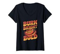 Womens Burn Bright Eat Bold Spicy Food Lover Chili Pepper V-Neck T-Shirt