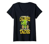 Women's Burning Calories for More Tacos Dinosaur Weightlifting V-Neck T-Shirt