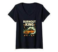 Womens Burnout King Muscle Car Smoke Graphic V-Neck T-Shirt