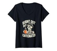 Women's Burnt Out But Caffeinated Skeleton Coffee Lover V-Neck T-Shirt