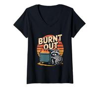 Womens Burnt Out Raccoon Next to Dumpster Fire Art V-Neck T-Shirt