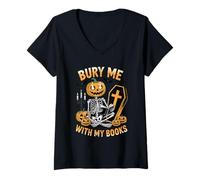 Womens Bury Me with My Books Pumpkin Skeleton Coffin V-Neck T-Shirt