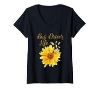 Women's Bus Driver Life Watercolor Flower School Bus Graphic Art V-Neck T-Shirt