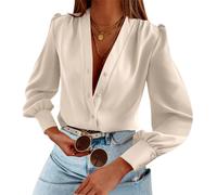 Women's Business Casual Tops Summer Long Sleeve Silk Button Down Shirts V Neck Chiffon Blouses (beige, S)