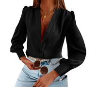 Women's Business Casual Tops Summer Long Sleeve Silk Button Down Shirts V Neck Chiffon Blouses (black, M)