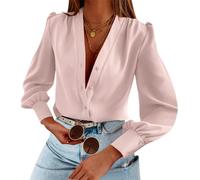 Women's Business Casual Tops Summer Long Sleeve Silk Button Down Shirts V Neck Chiffon Blouses (pink, M)