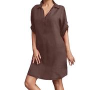 Women's Business Mini Button Down Shirt Dresses Work Spring Beach Button Up Dress Lapel Solid 2024 T Shirt Dresses Solid Color Loose Fitting Plus Size Mini Dress Trendy Loose Linen Brown