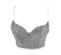Women's Bustier Crop Top Mesh Corset Top Push up Rhinestone Diamond Bra Club Party Vest, #2 White, XS