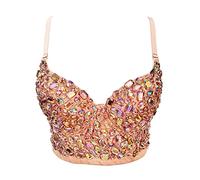 Women's Bustier Crop Top Mesh Corset Top Push up Rhinestone Diamond Bra Club Party Vest, #7 Beige, Large