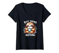 Women's Busy Doing Nothing Cute Sloth with Coffee Mug V-Neck T-Shirt