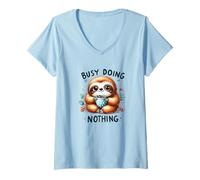 Women's Busy Doing Nothing Cute Sloth with Coffee Mug V-Neck T-Shirt
