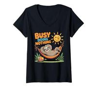 Womens Busy Doing Nothing Relaxed Sloth V-Neck T-Shirt