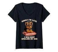 Womens Busy Spoiling My Dog Yorkshire Terrier Puppy Lover Pup Owner V-Neck T-Shirt