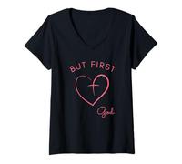 Womens But First God Minimalist Pink Design V-Neck T-Shirt