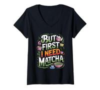 Womens But First I Need Matcha Funny Retro Style V-Neck T-Shirt