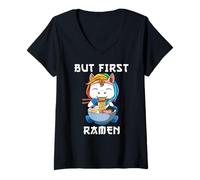 Womens But First Ramen Ramen Unicorn Kawaii Anime V-Neck T-Shirt