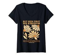 Women's But S irst His Kingdom Boho Flowers Christian Jesus V-Neck T-Shirt