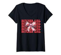 Womens Butcher Girl Meat Cleaver Coquette Bow V-Neck T-Shirt
