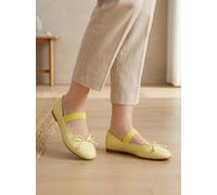 Women's Butter Yellow Mary Jane Flats - Cute Bow Elastic Strap Slip On Ballet Shoes Sweet