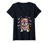 Womens Butterfly Beautiful UK Flag Bulldog Women Girl Union Jack V-Neck T-Shirt