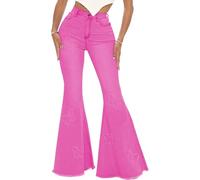 Women's Butterfly Bell Bottom Jeans Elastic High Waisted Embroidered Classic Flareed Jeans Raw Hem Denim Pants with Pocket, Rose Red, XXL
