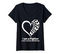 Womens Butterfly Heart I Am A Fighter Lung Cancer Awareness V-Neck T-Shirt
