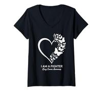 Womens Butterfly Heart I Am A Fighter Lung Cancer Awareness V-Neck T-Shirt