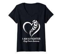 Womens Butterfly Heart I Am A Fighter Lung Cancer Awareness Women V-Neck T-Shirt